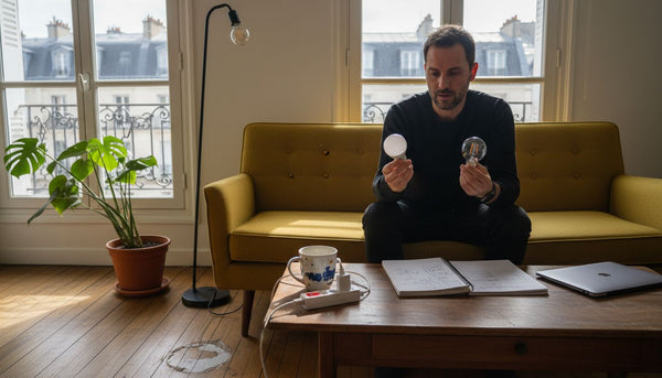 Man comparing light bulbs with watt meter