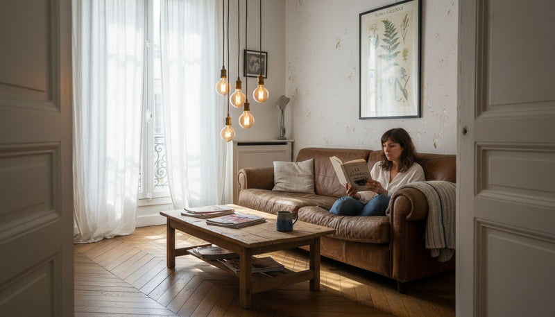 Un salon cosy baigné par la lumière douce de suspensions rétro