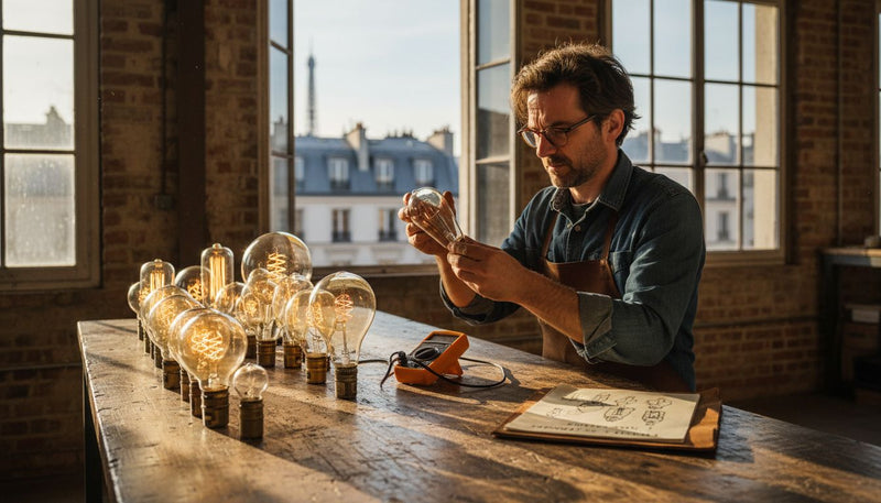 Un homme examine différentes ampoules à incandescence anciennes sur son établi, les comparant attentivement.