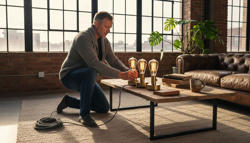Un homme prend soin d’installer des ampoules rétro dans son salon au style loft.