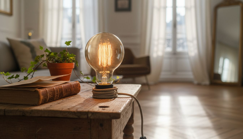 Une ampoule à filament Edison diffuse une lumière chaleureuse sur une table en bois.