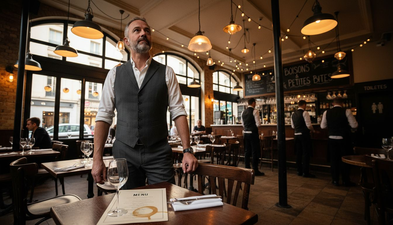 Le responsable du restaurant vérifie l’éclairage au-dessus des tables pour s’assurer que l’ambiance soit parfaite.