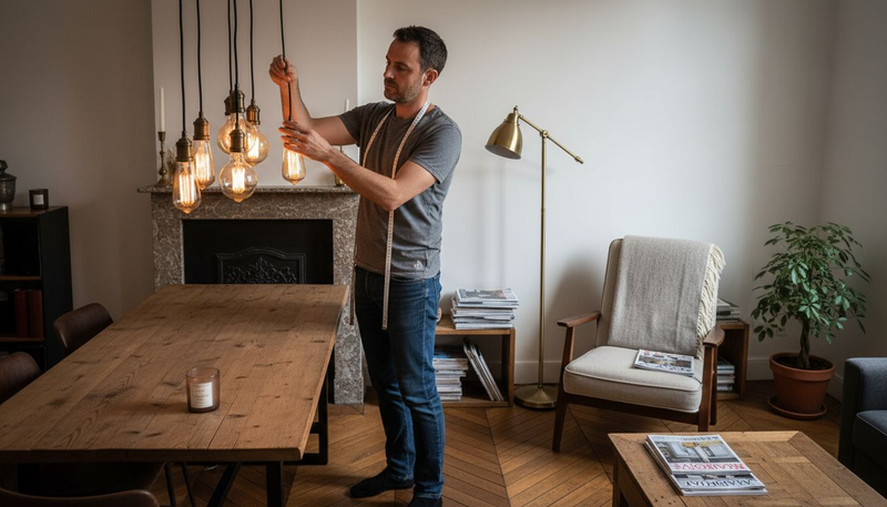 Un décorateur d'intérieur ajuste des ampoules décoratives dans un salon pour parfaire l'ambiance.