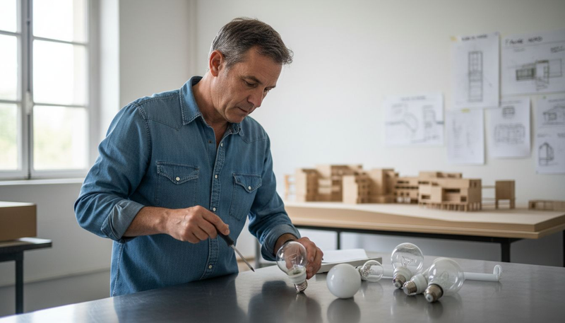 Un ingénieur examine de près une ampoule posée sur son espace de travail.