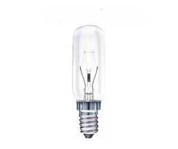 Ampoule tube E14 40 W à incandescence pour hotte, verre clair et filament visible, éteinte, sur fond blanc