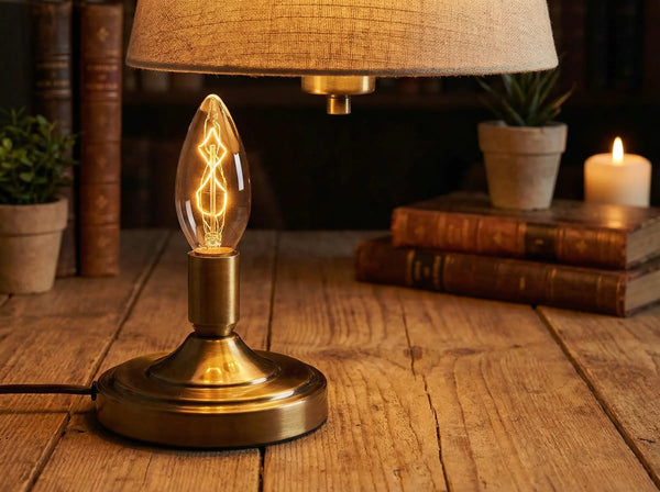 Ampoule flamme C35 E14 40W allumée sur un pied de lampe en laiton, posé sur une table en bois avec livres et bougie