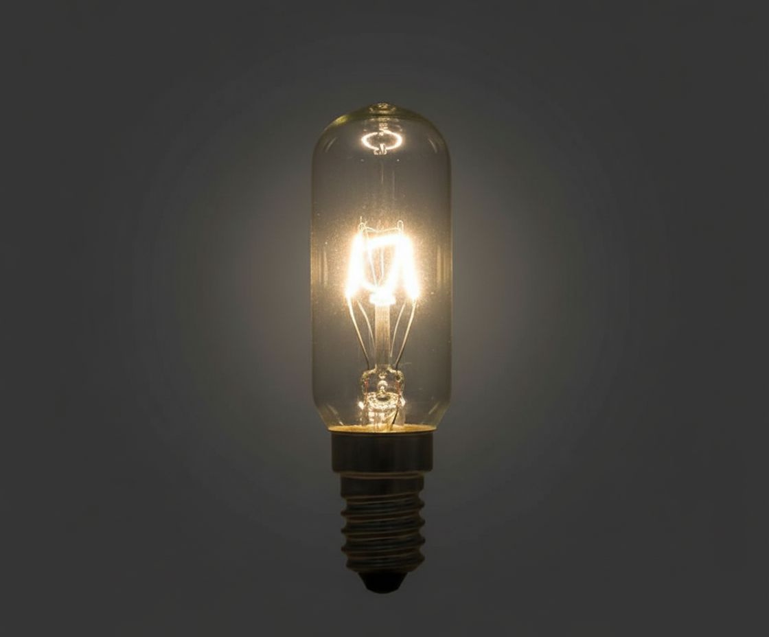 Ampoule tube E14 en verre clair allumée, filament incandescent lumineux, sur fond gris