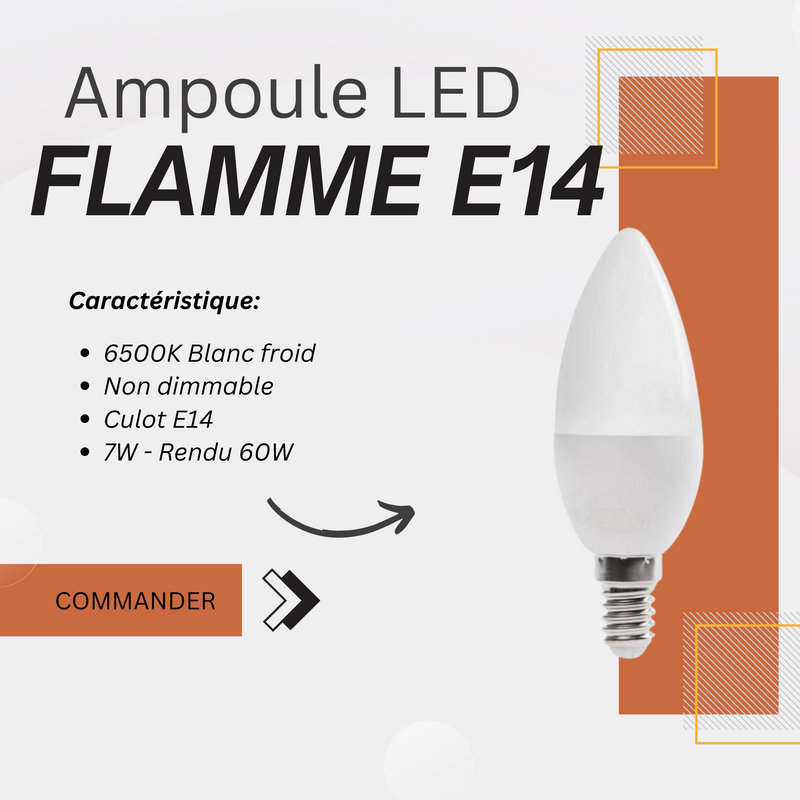 Ampoule Flamme LED C35 7W Culot E14 Lumière froide 6500K Non Dimmable