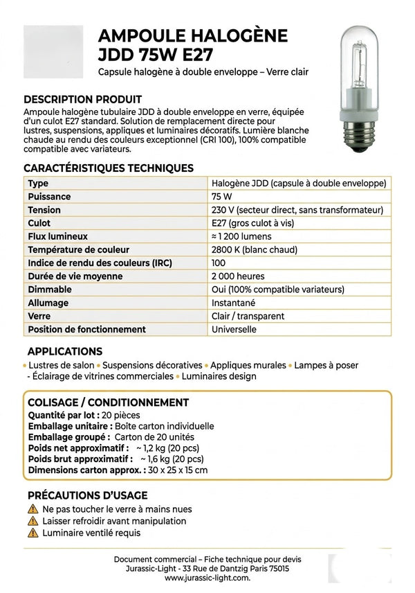 Fiche technique de l'ampoule halogène JDD 75 W E27 en verre clair : caractéristiques, applications et conditionnement