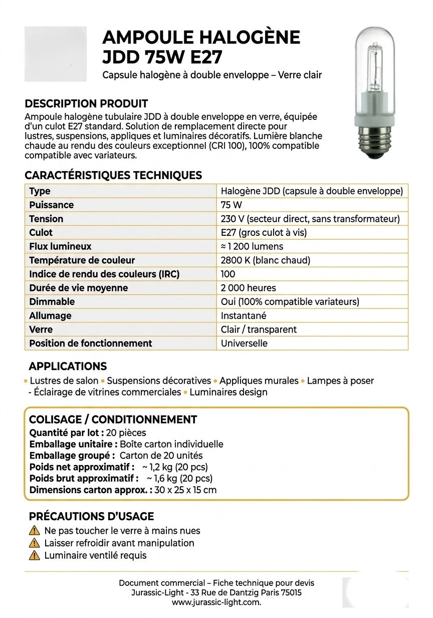 Ampoule halogène JDD 75W E27 – Verre clair et lumière chaude