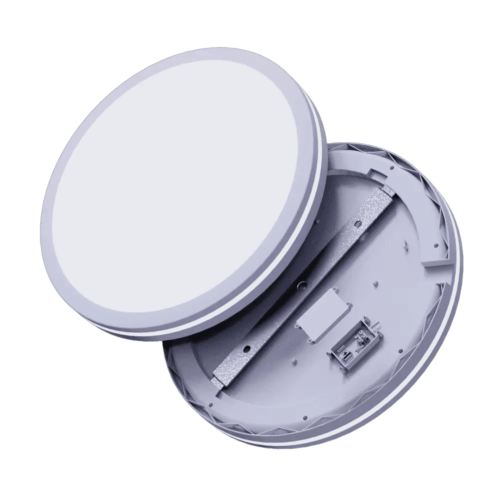 Hublot LED 18W rond démonté, diffuseur blanc et embase vue de l'intérieur, sur fond blanc