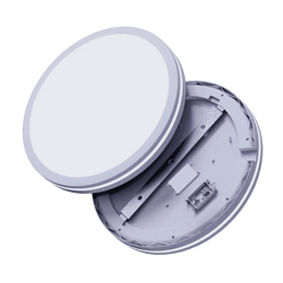 Hublot LED 18W rond démonté, diffuseur blanc et embase vue de l'intérieur, sur fond blanc