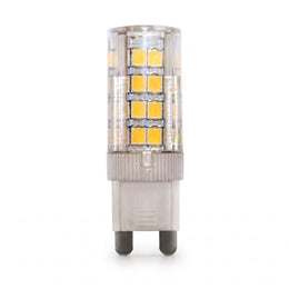 Capsule LED G9 à deux broches, LED alignées visibles sous un capot transparent, sur fond blanc