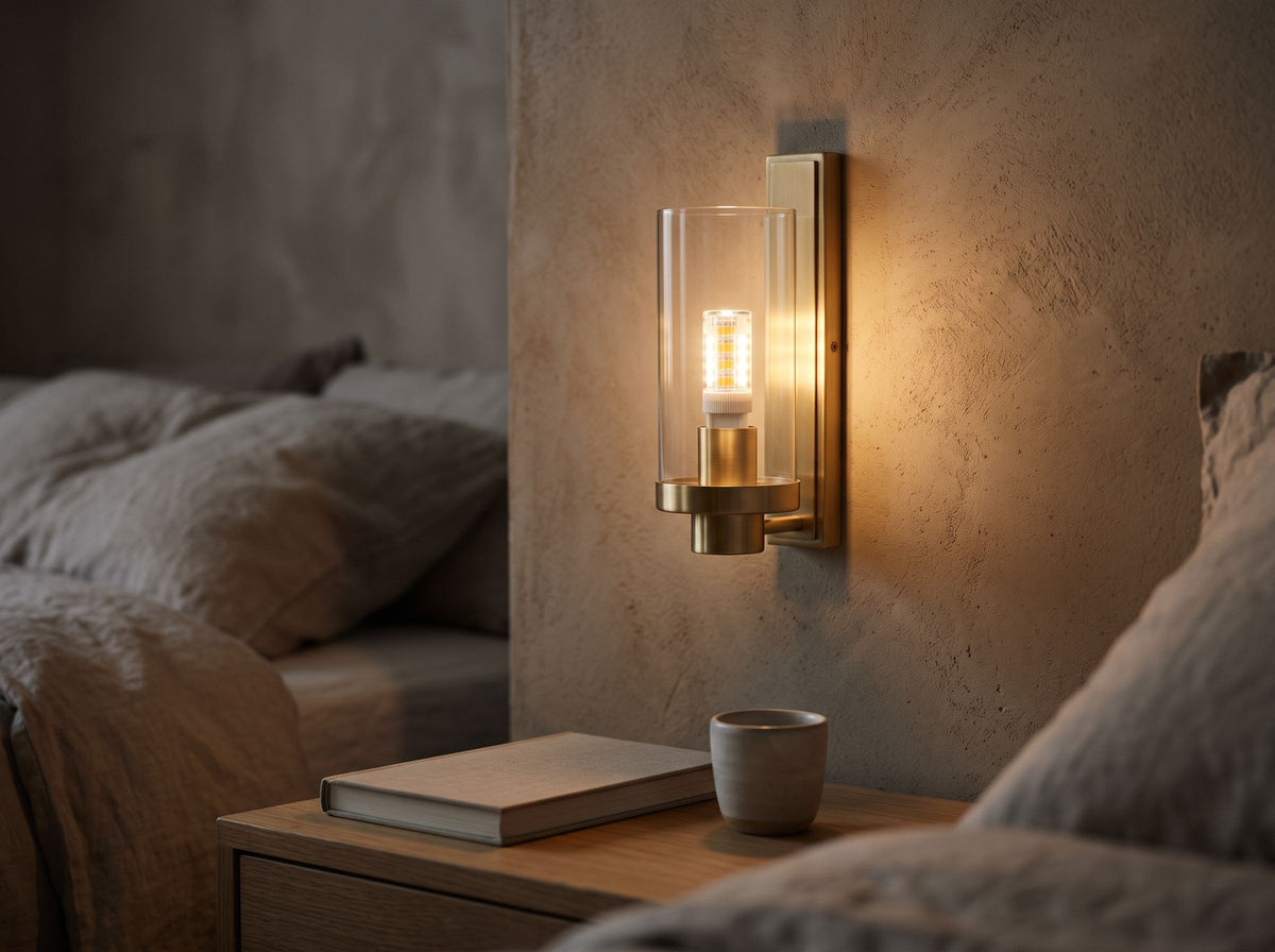 Applique murale en laiton à verre clair éclairée par une capsule LED G9 en soirée dans une chambre