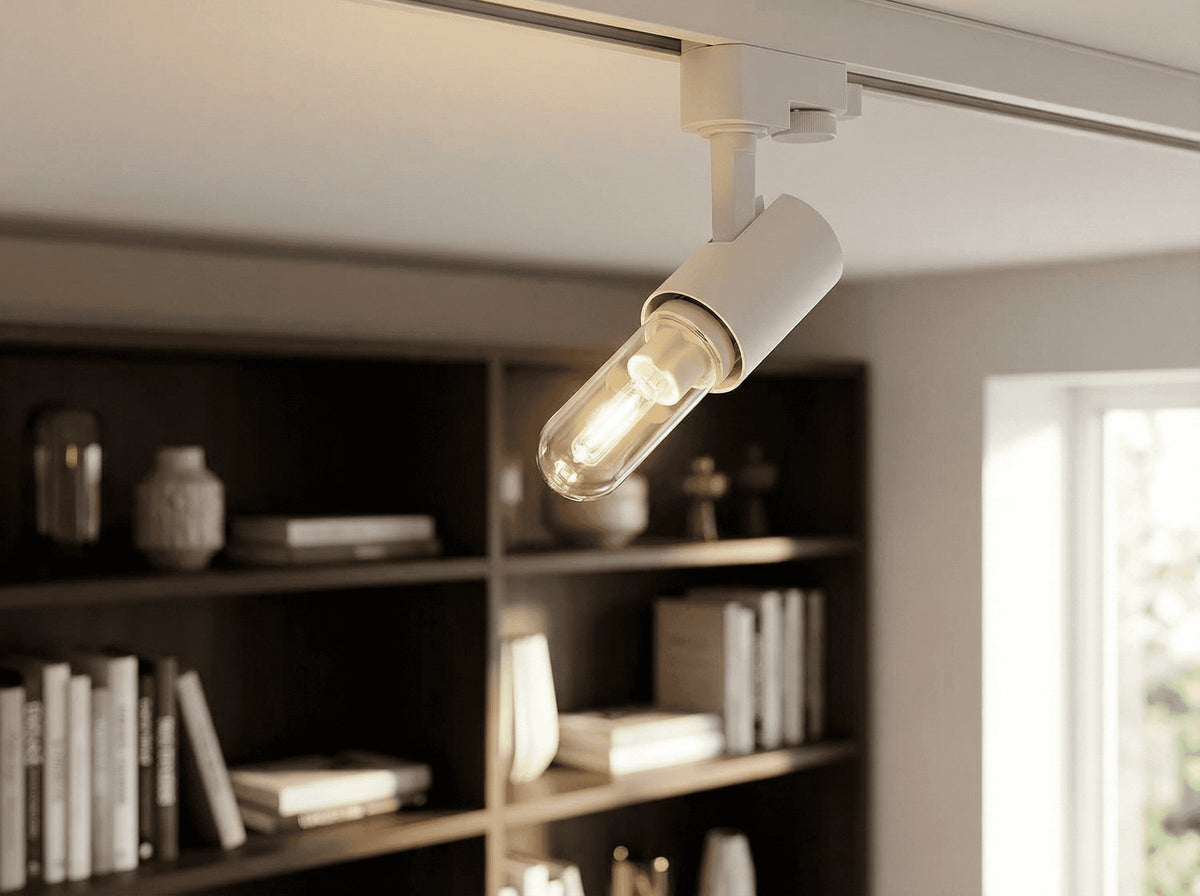 Ampoule halogène JDD 150W à verre clair montée dans un spot blanc sur rail, devant une bibliothèque