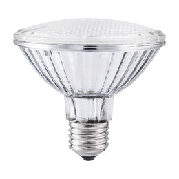 Ampoule halogène PAR30 à culot E27, 75 W ou 100 W, réflecteur en verre aluminisé et face avant texturée, vue de profil sur fond blanc