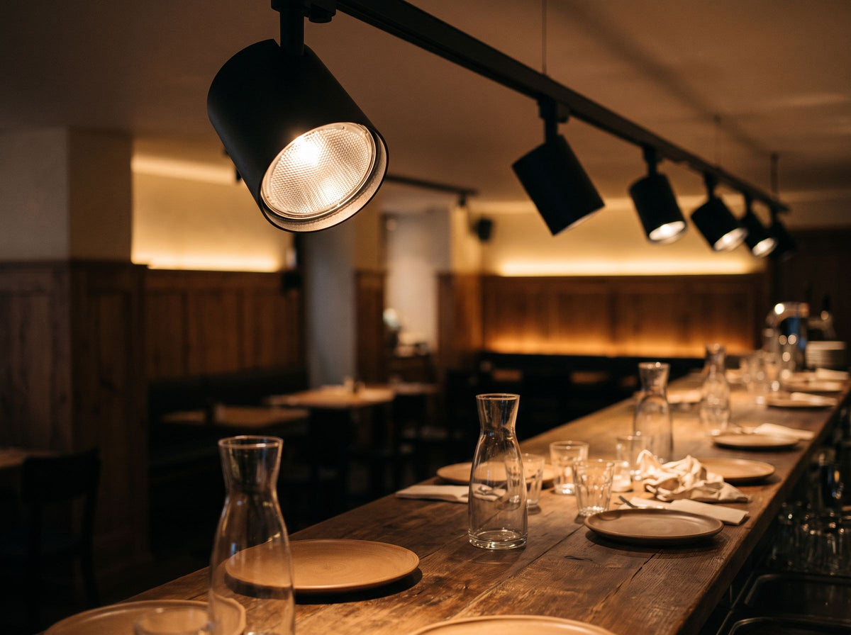 Ampoules halogènes PAR30 E27 dans des spots noirs sur rail au-dessus du comptoir d'un bistrot – mise en situation