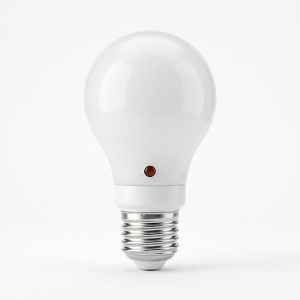 Ampoule LED à culot à vis E27 avec son petit capteur de lumière visible, sur fond blanc