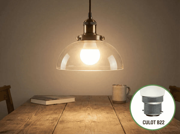 Ampoule LED sphérique G45 allumée dans une suspension en verre au-dessus d'une table en bois, encart sur le culot B22