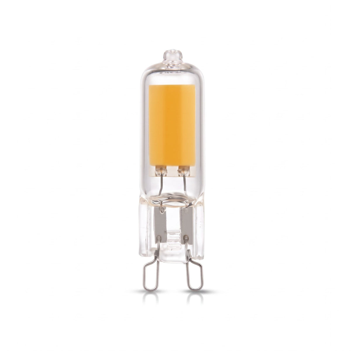 Ampoule G9 LED 3 W : capsule en verre clair, bande LED blanc chaud et deux broches, sur fond blanc