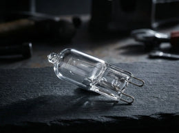Capsule halogène G9 en verre clair, éteinte, posée sur une ardoise, broches en boucle visibles
