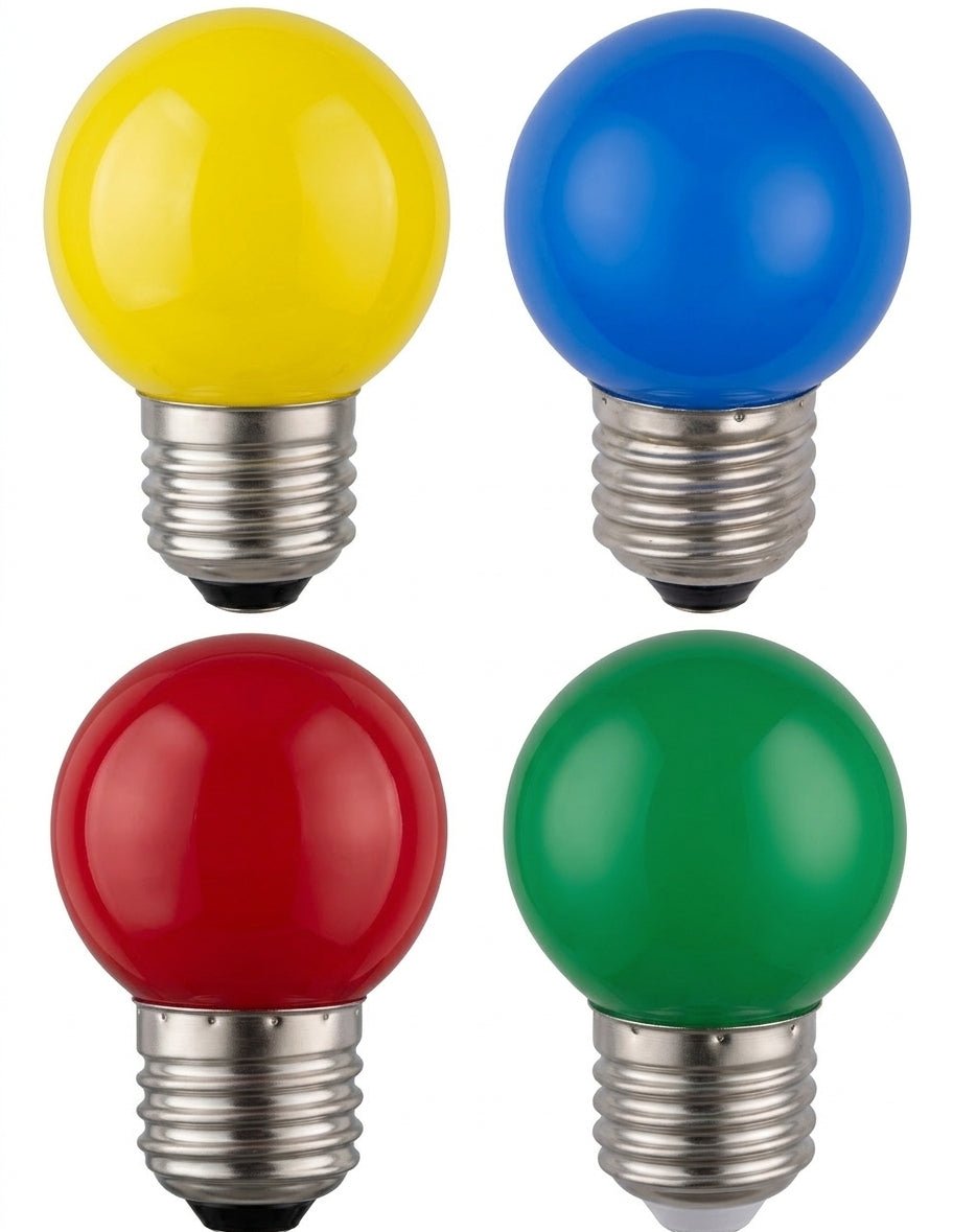 Ampoules LED E27 sphériques jaune, bleue, rouge et verte