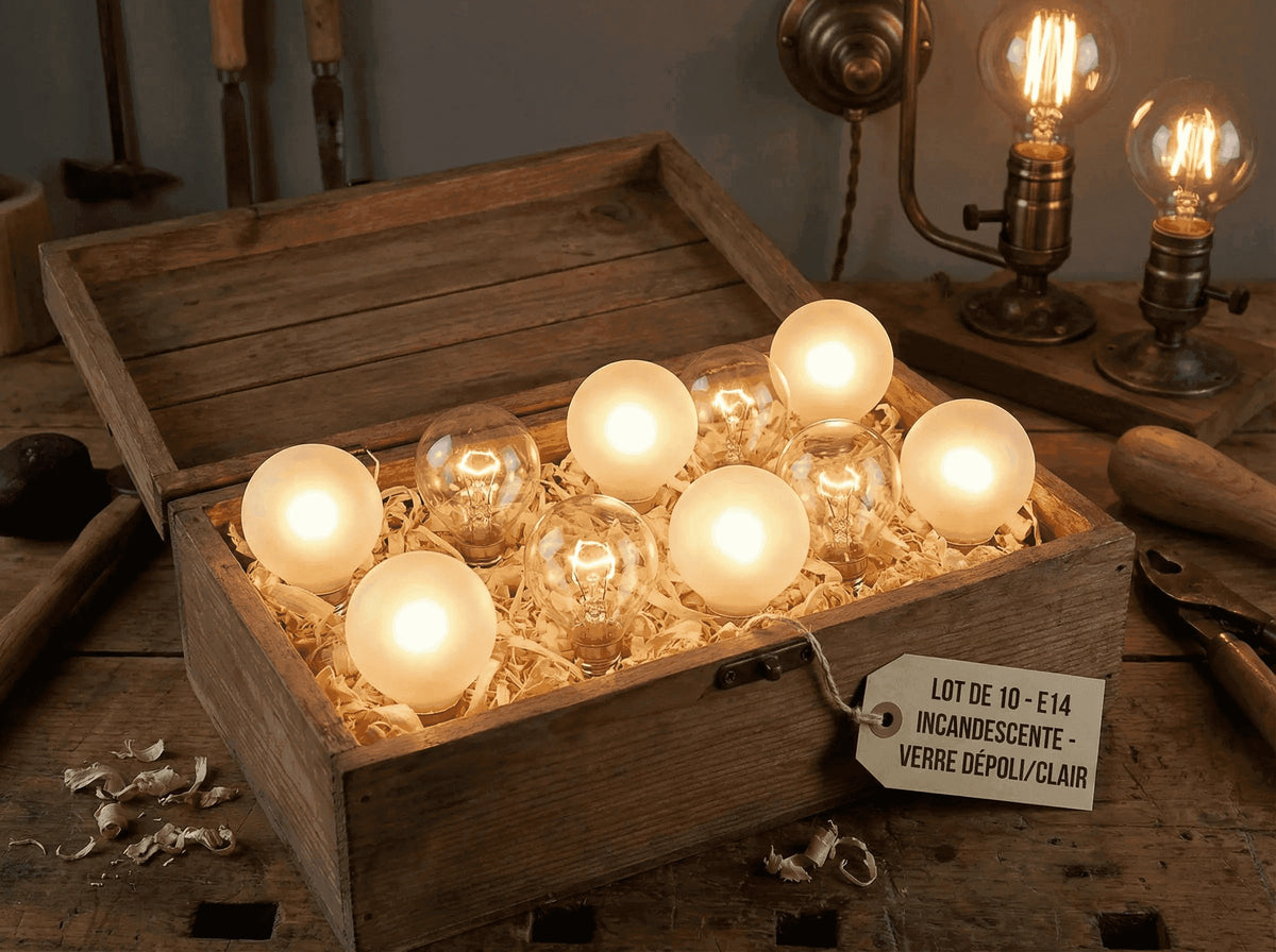 Caisse en bois remplie d'ampoules sphériques allumées, en verre clair et dépoli, avec une étiquette « Lot de 10 »