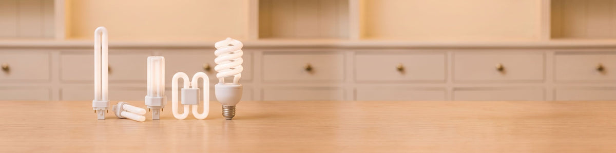 Lampes fluocompactes à broches, lampe plate et grande spirale à culot vis sur un comptoir en bois clair