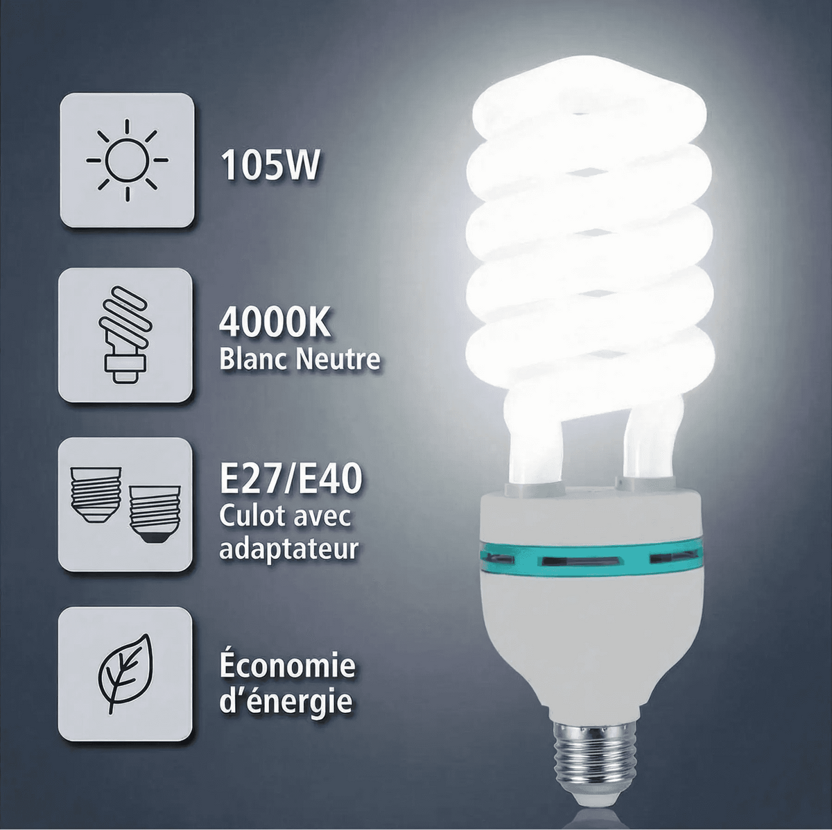 Ampoule fluocompacte CFL 105W E27 E40 lumière blanc neutre 4000K, forte intensité pour grands espaces et éclairage professionnel
