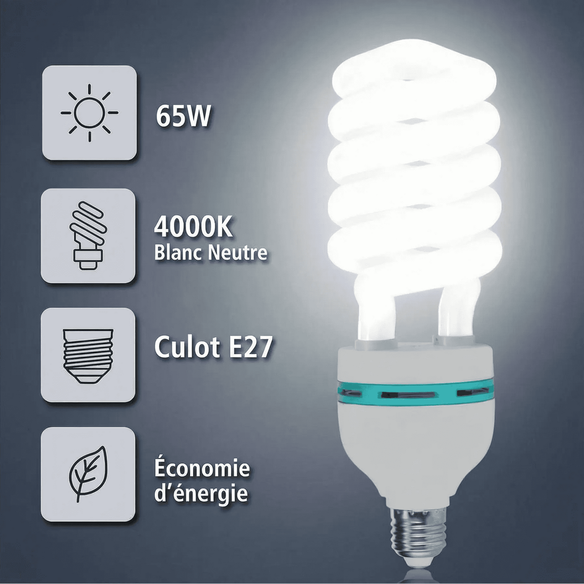 Ampoule fluocompacte CFL 65W E27 lumière 4000K blanc neutre, éclairage puissant pour grands espaces et ateliers