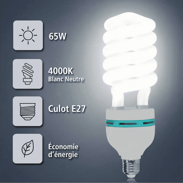 Ampoule fluocompacte CFL 65W E27 lumière 4000K blanc neutre, éclairage puissant pour grands espaces et ateliers