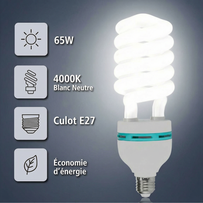 Ampoule fluocompacte CFL 65W E27 lumière 4000K blanc neutre, éclairage puissant pour grands espaces et ateliers