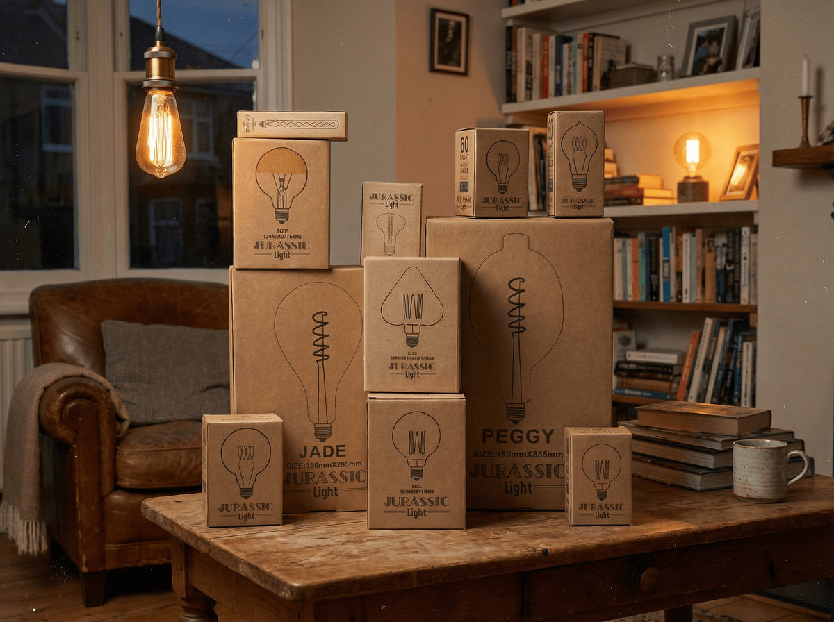 Boîtes d'ampoules vintage Jurassic Light dans un salon