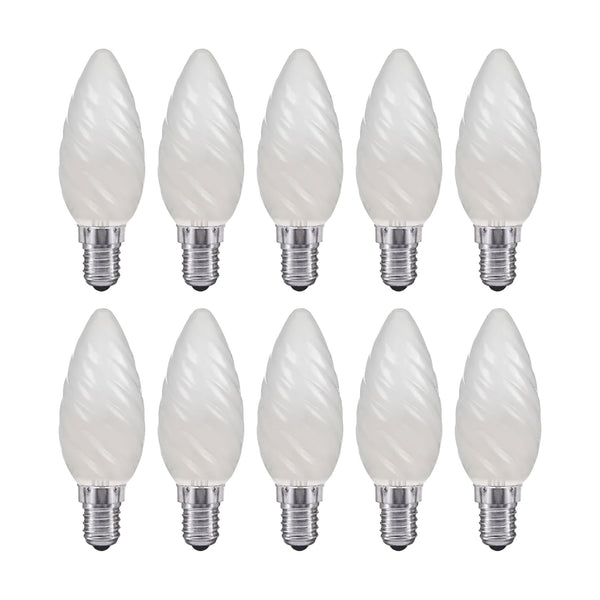 Lot de 10 ampoules flamme torsadées E14 en verre dépoli, sur deux rangées sur fond blanc