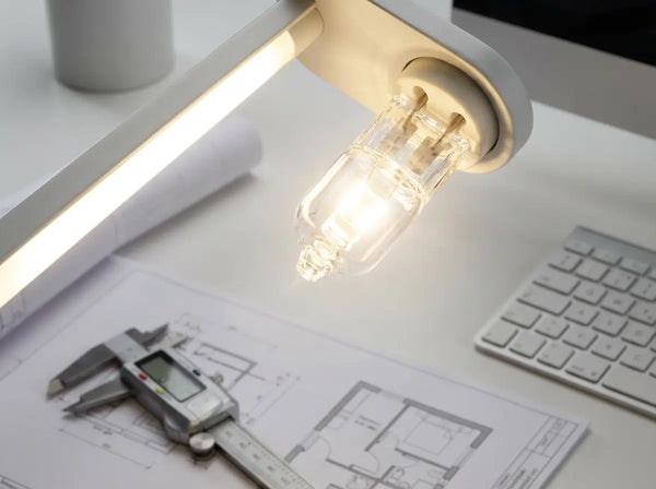 Capsule halogène allumée dans la tête d'une lampe de bureau, au-dessus de plans d'architecte et d'un pied à coulisse