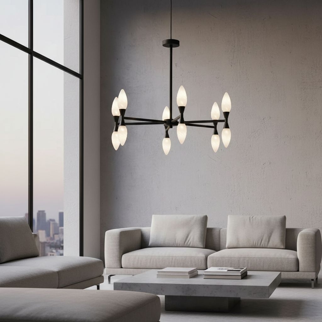 Ampoules flamme dépolies allumées sur un lustre noir à branches, dans un salon moderne avec canapé gris