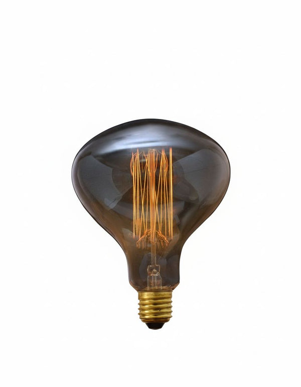 Ampoule champignon R125 E27 en verre teinté, filament à fils droits allumé, vue de face sur fond blanc