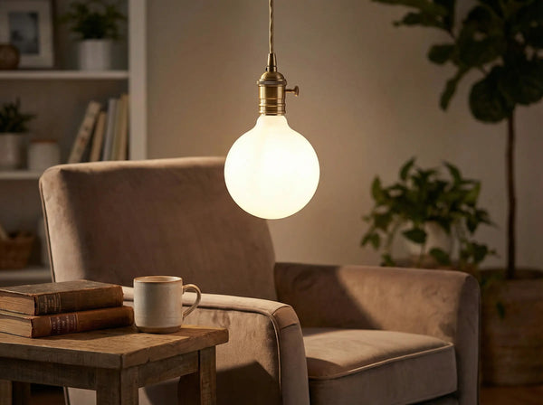 Ampoule globe G95 opaline allumée, suspendue à une douille en laiton près d'un fauteuil et d'une table d'appoint