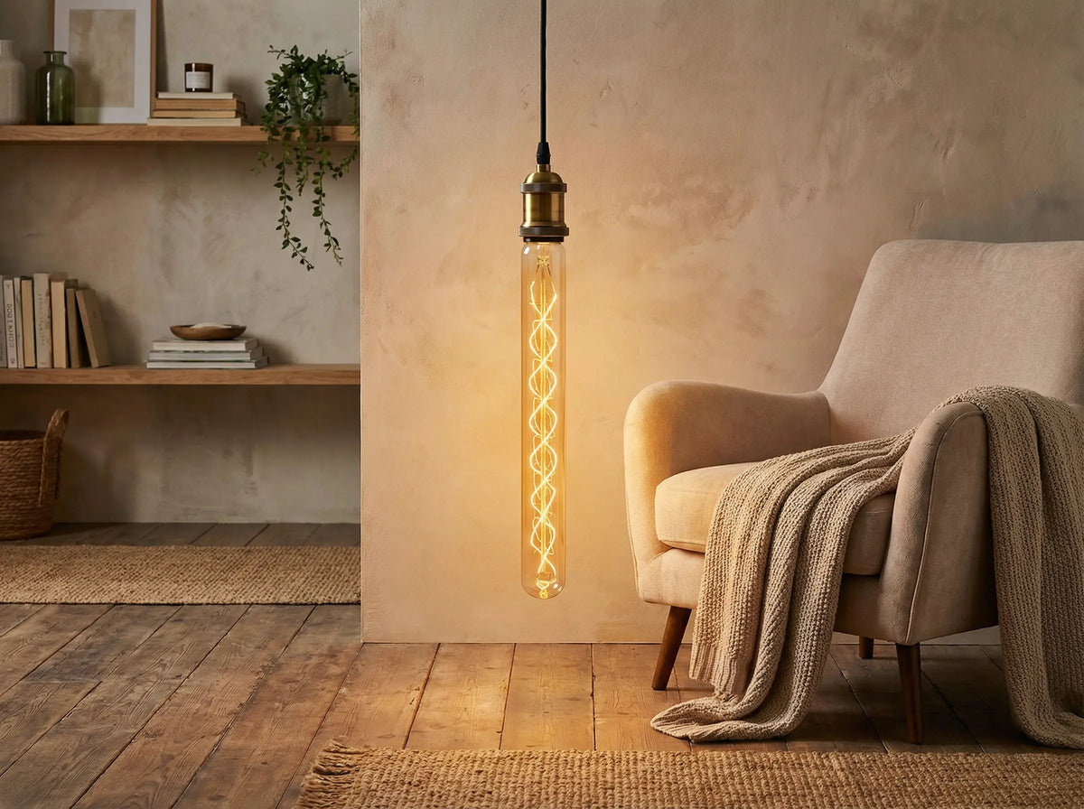 Ampoule tube T30 Robb allumée, suspendue près d'un fauteuil beige dans un salon au parquet en bois