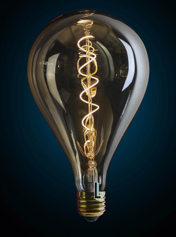 Grande ampoule LED E27 4W dimmable en forme de poire, verre teinté ambre, filament spirale allumé, fond bleu nuit