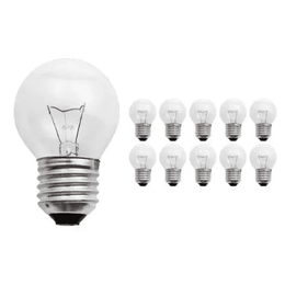 Lot de 10 ampoules sphériques E27 à incandescence en verre clair, filament visible, sur fond blanc