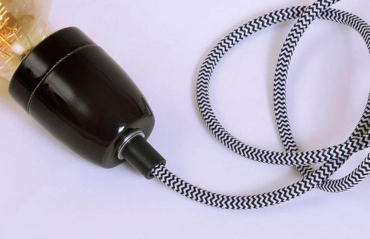 Lampe baladeuse douille porcelaine E27 câble textile chevron noir et blanc 3 m - Jurassic-Light